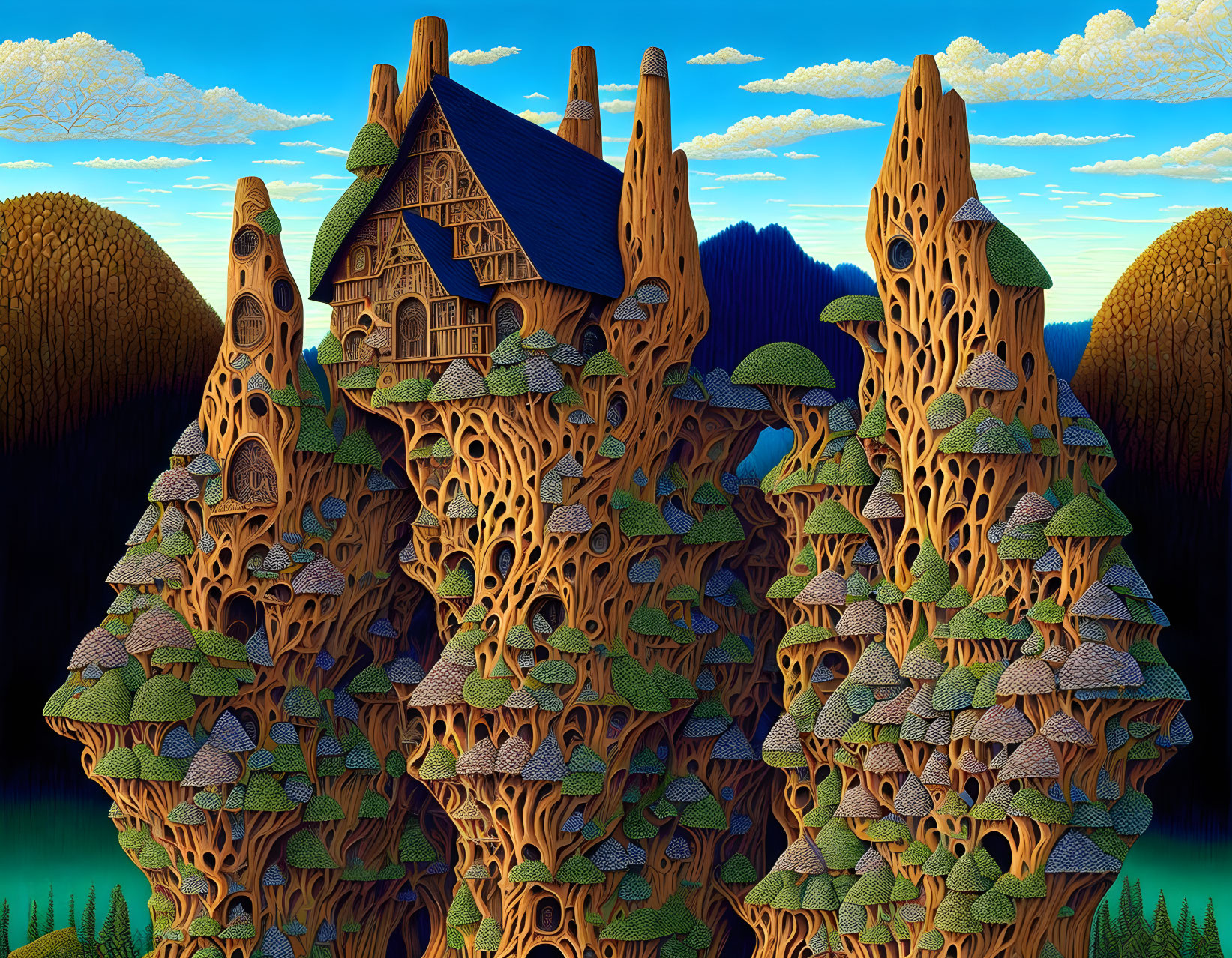 Fantasy artwork: House on tree structures with mushroom features, sunset sky.