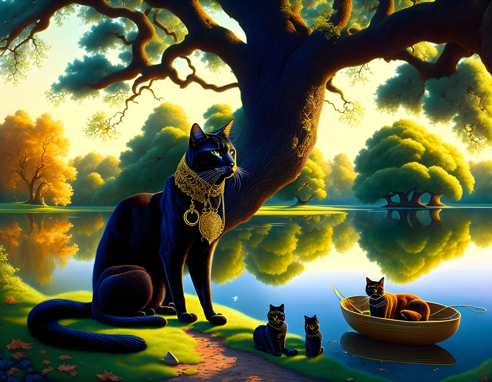 Fantastical image of black cat with jewelry by lake at sunset