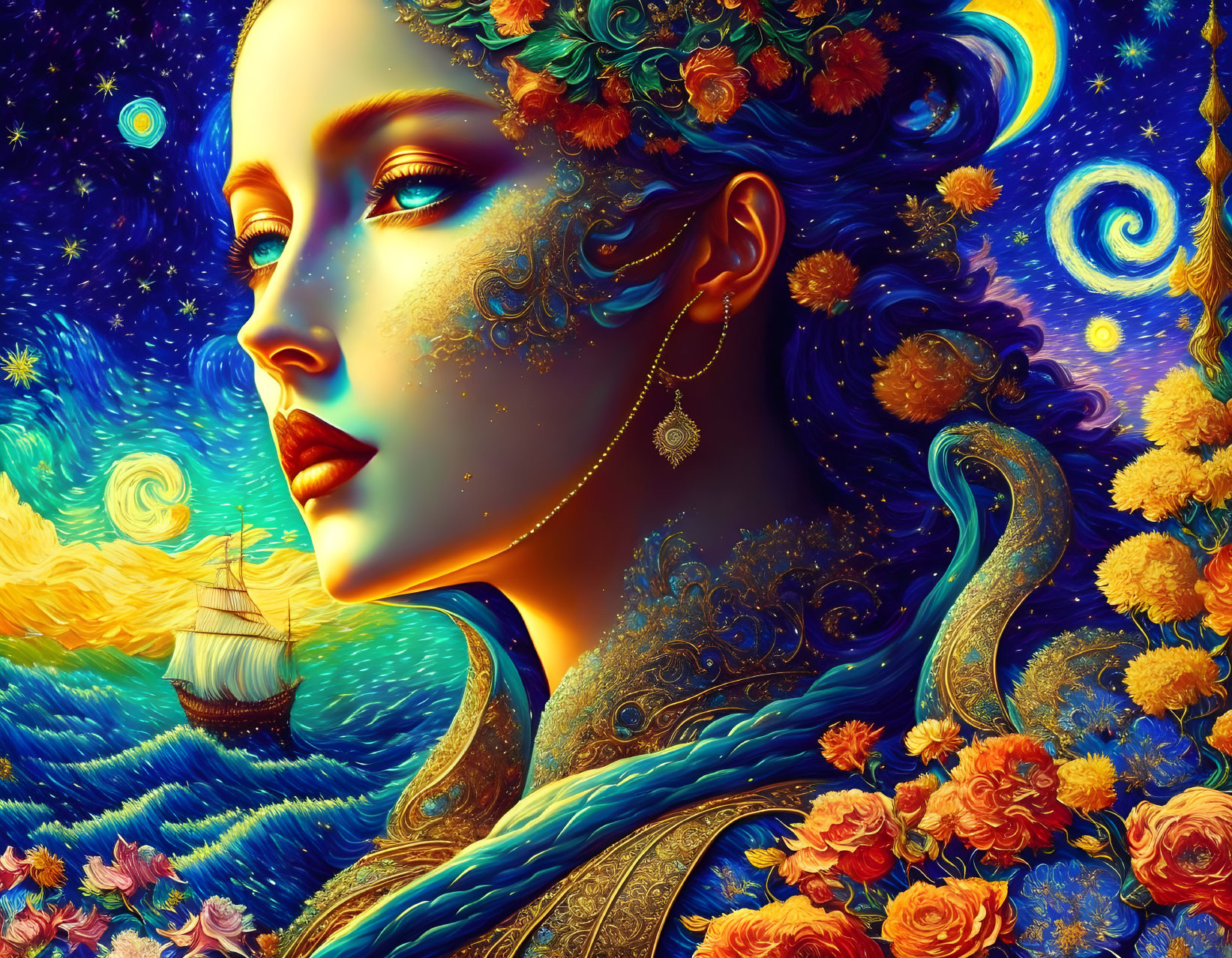 Colorful illustration: Woman with blue skin in celestial floral pattern, cosmic background with sailing ship