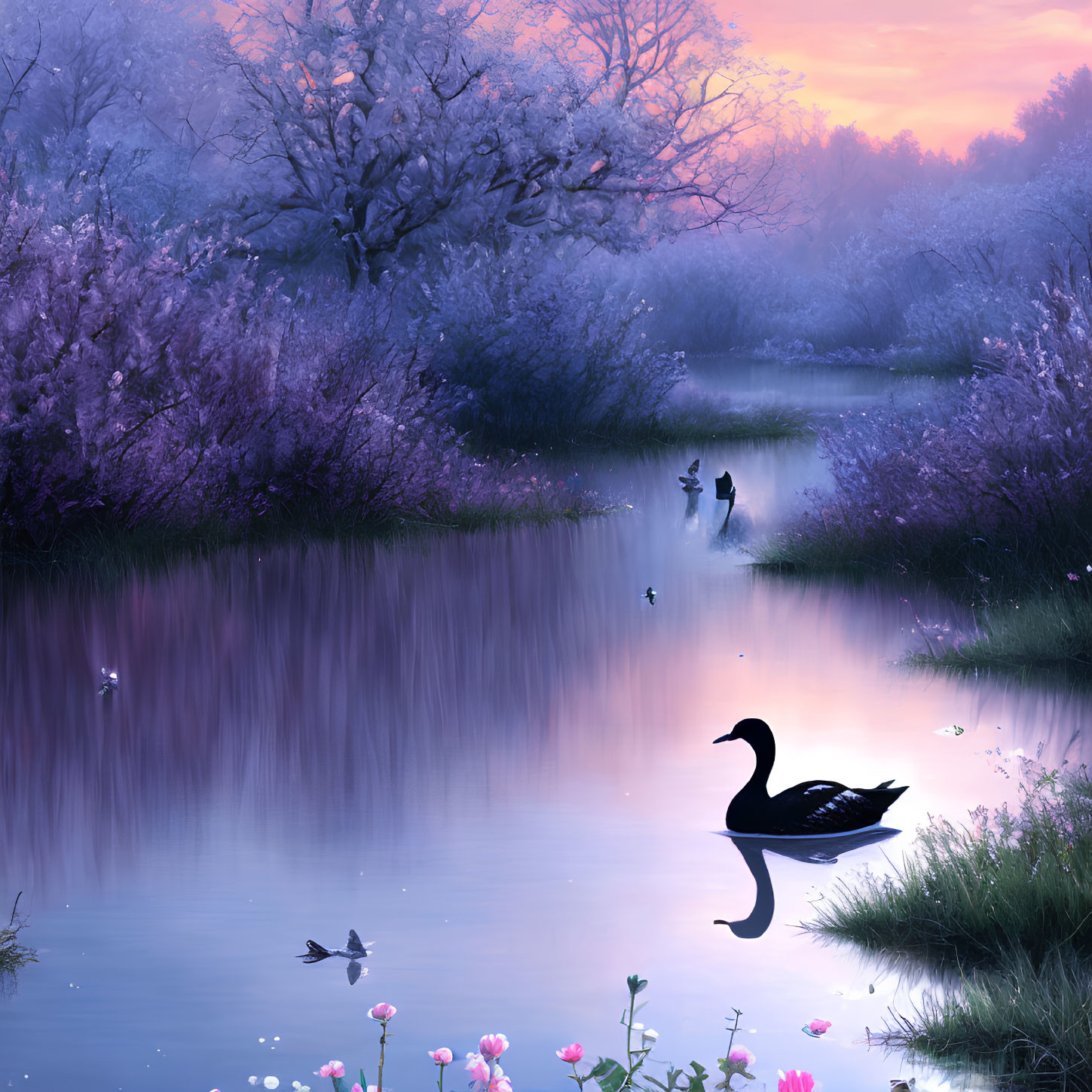 Tranquil landscape with swan on calm lake at twilight