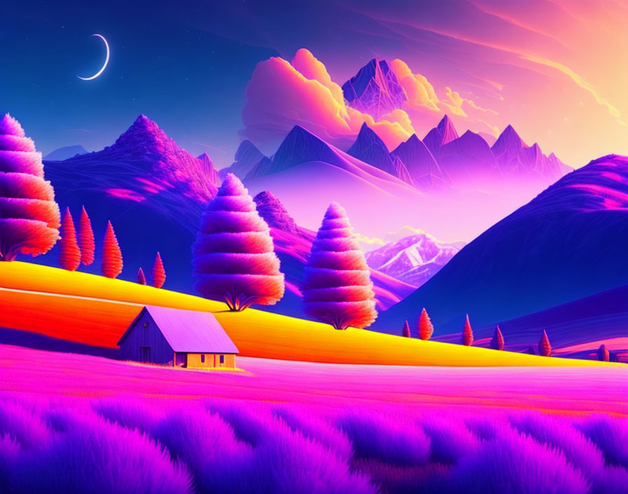 Colorful digital artwork of surreal landscape with purple fields, cabin, trees, mountains, and pink sky