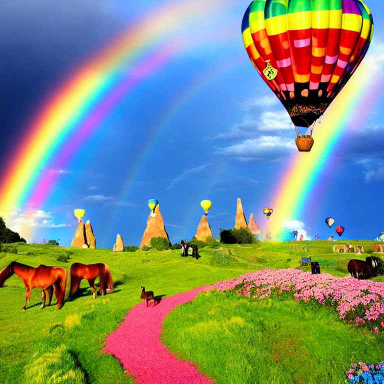 Colorful hot air balloon, double rainbow, grazing horses, and whimsical hills under dynamic sky