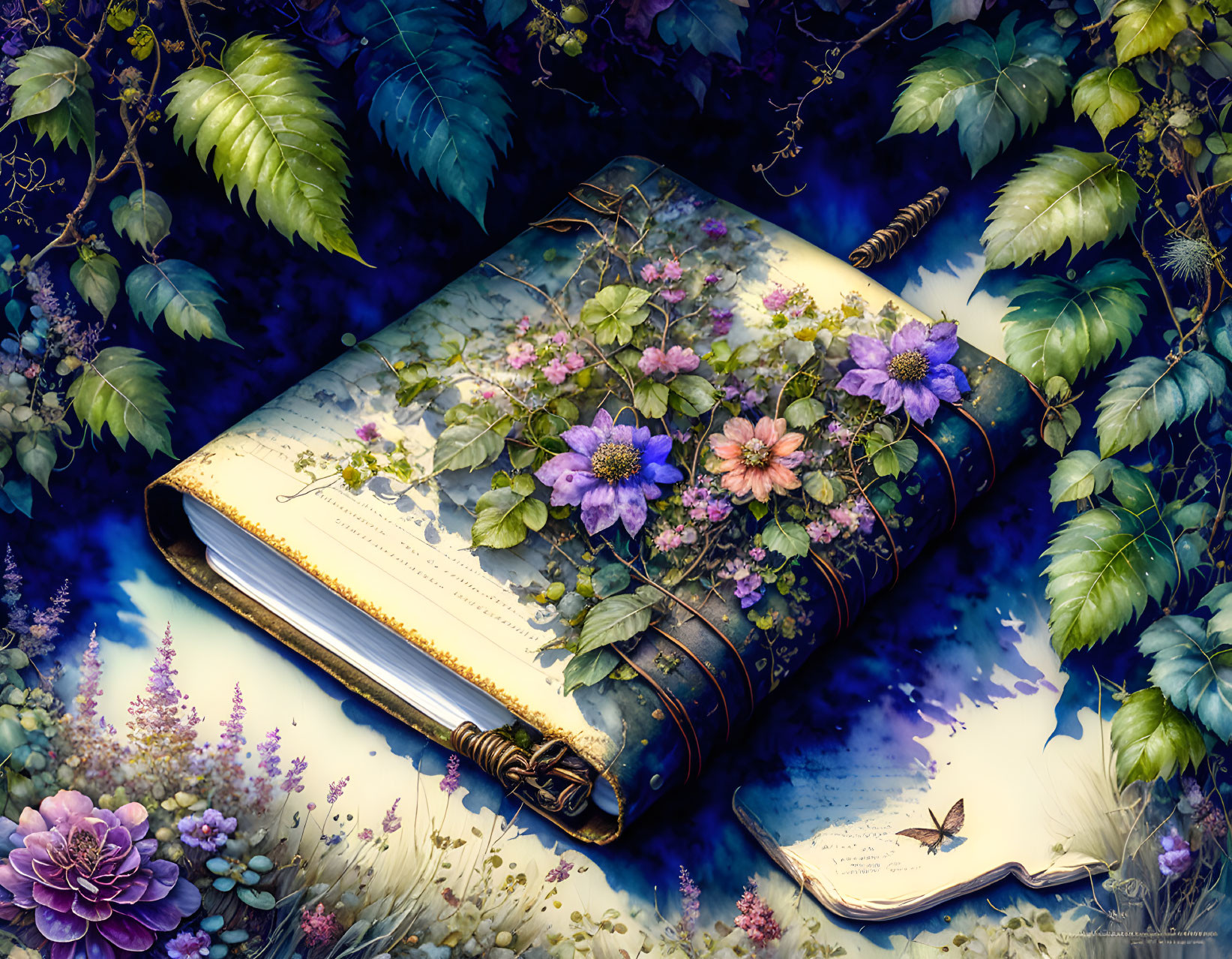 Illustration of open book with floral cover in nature setting