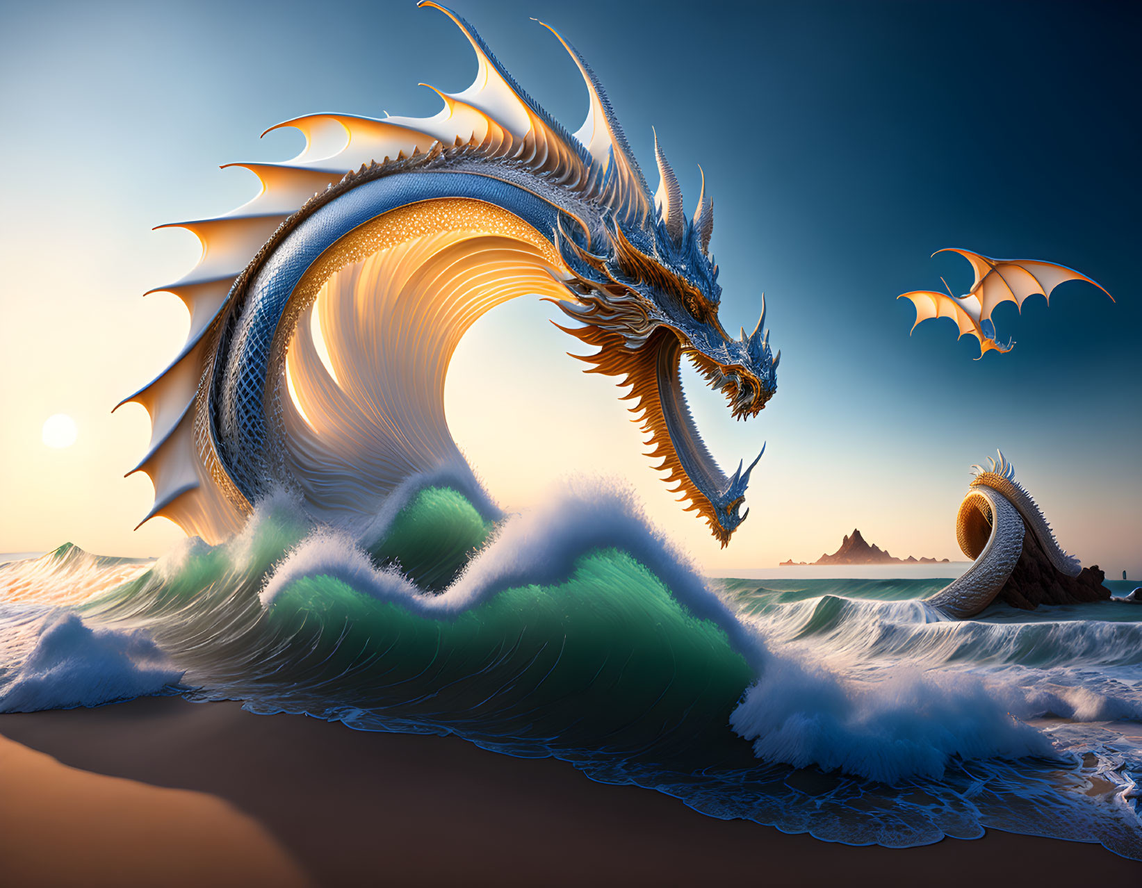 Majestic dragon emerging from ocean waves at sunset with flying companions