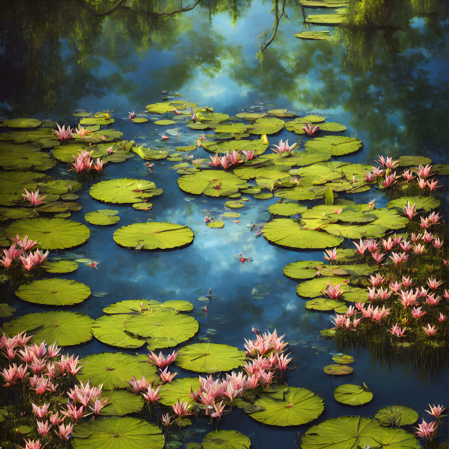 Tranquil pond with green lily pads, pink water lilies, and mist