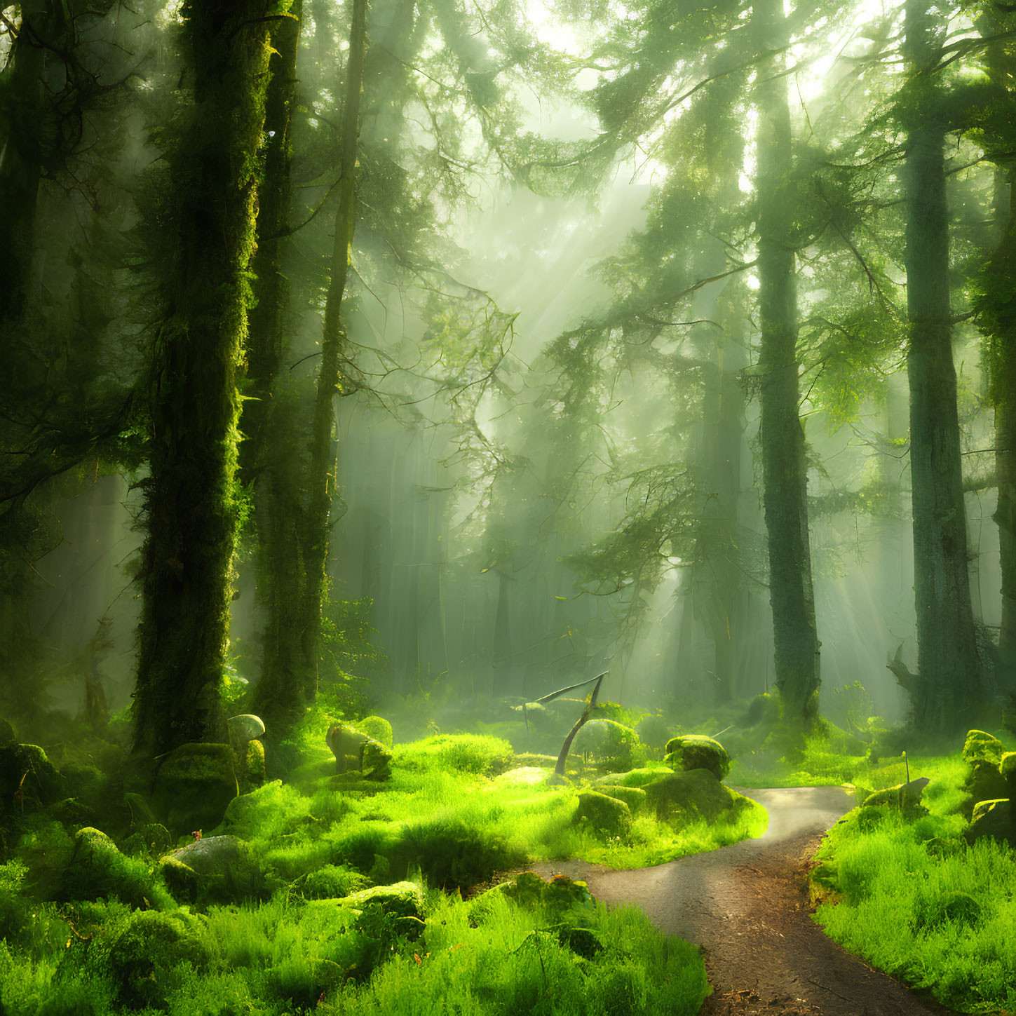 Sunlit forest with towering trees and green moss