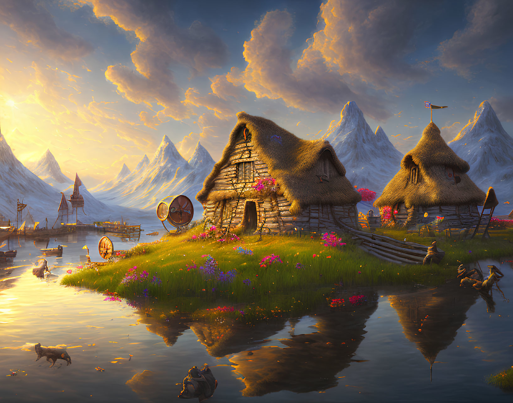 Tranquil fantasy village with thatched-roof cottages, mountains, lake, flowers, animals