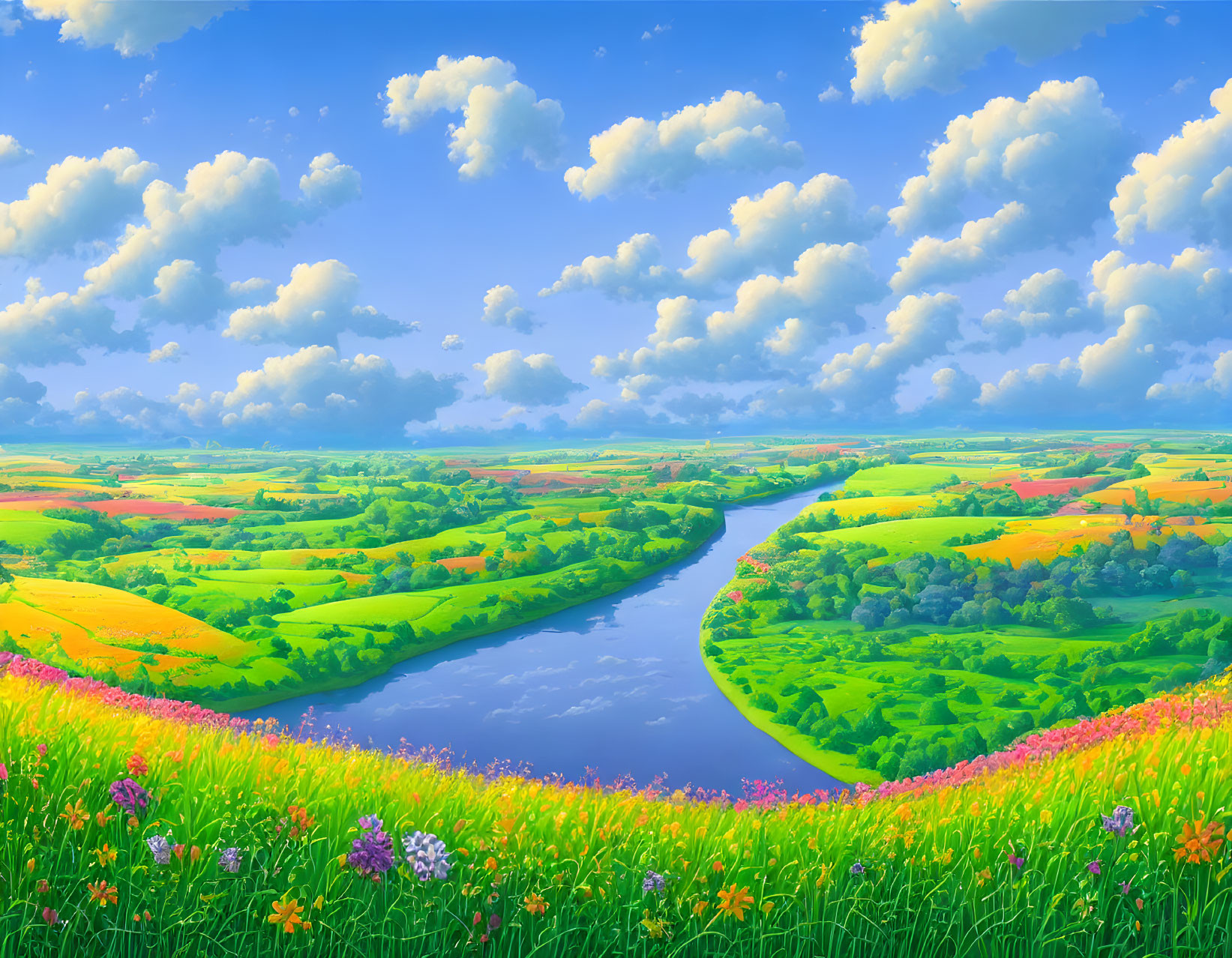 Colorful Flower Fields and River in Vibrant Landscape