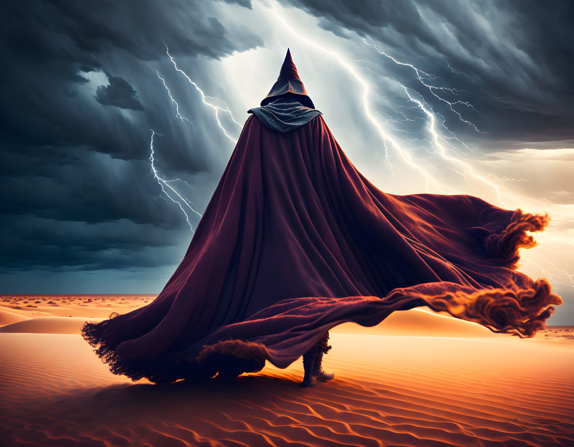 Person in red cloak under stormy sky with lightning in desert.