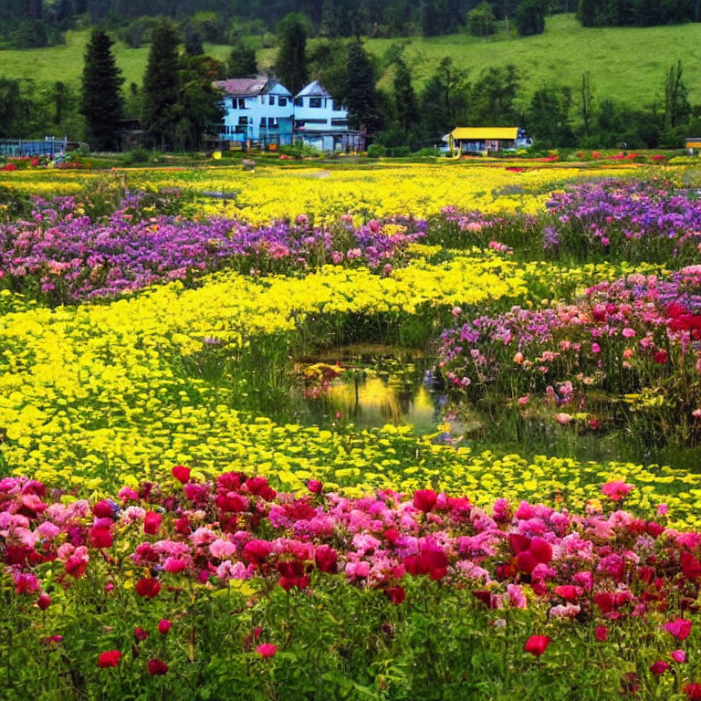 Colorful Flower Bloom Adorning Quaint House Amid Green Hills