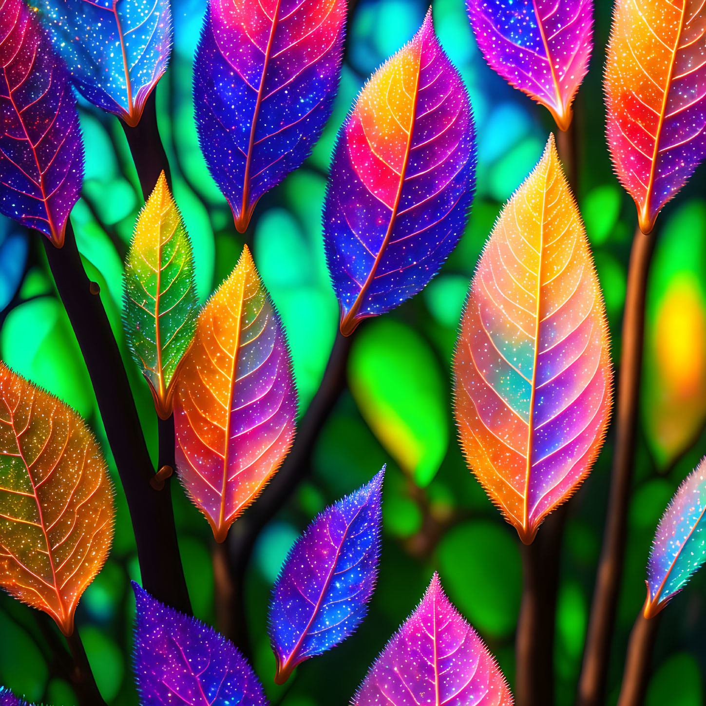 Vibrant Gradient Leaves with Sparkling Dots on Bokeh Background