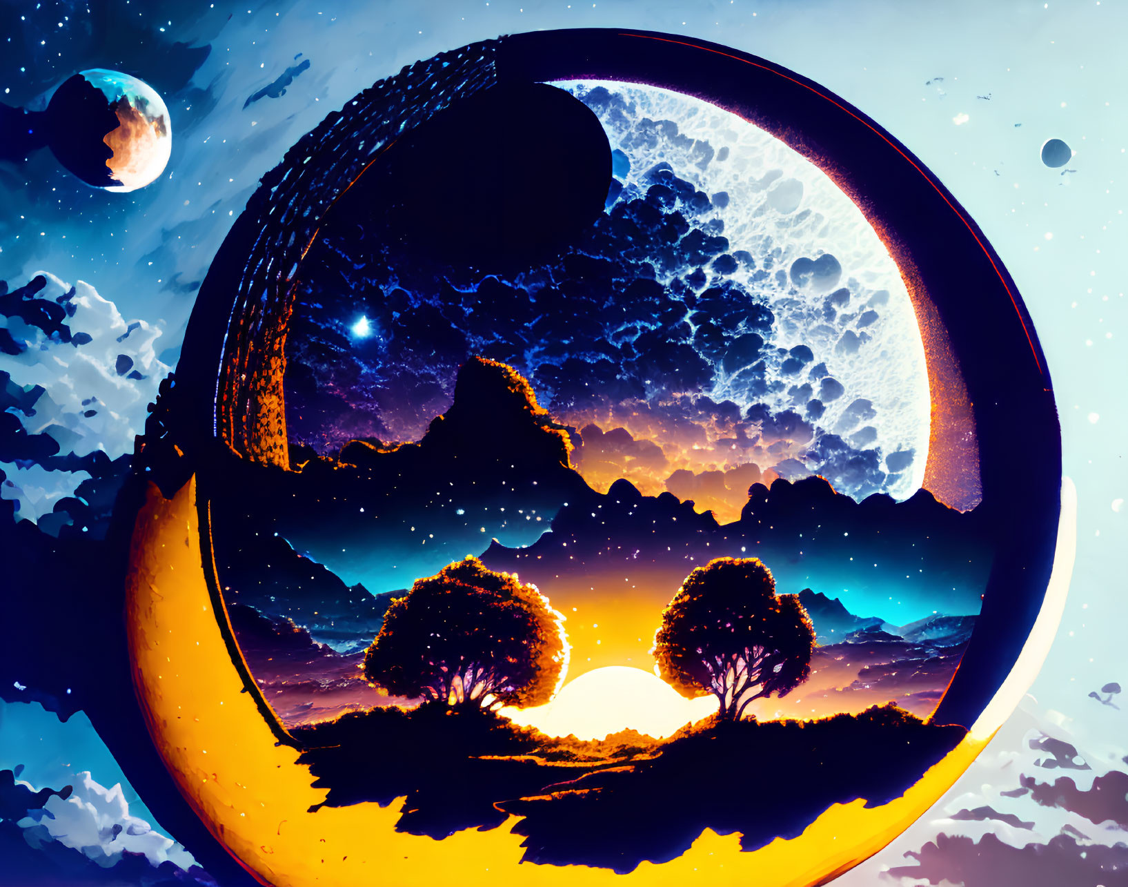 Surreal landscape with sunset, silhouetted trees, and celestial bodies in digital artwork