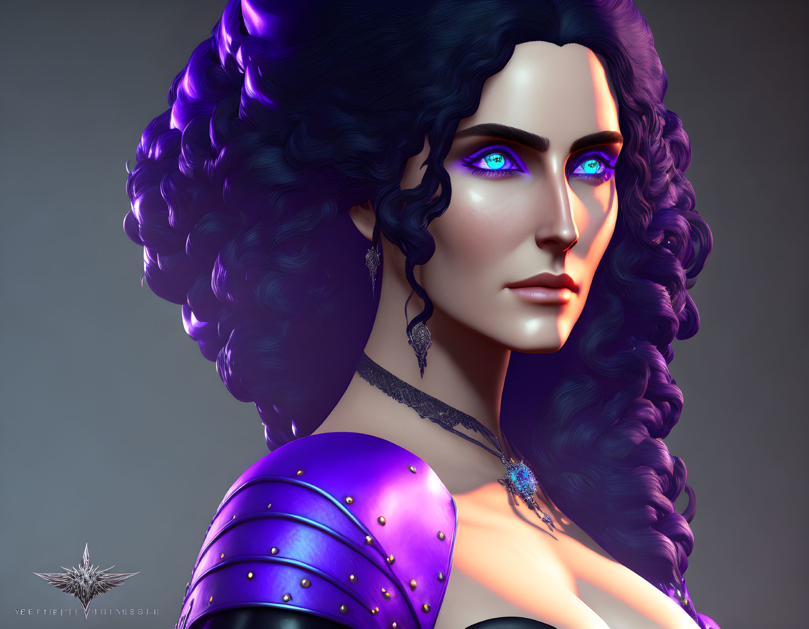 Fantasy female character with blue eyes, black hair, and purple armor