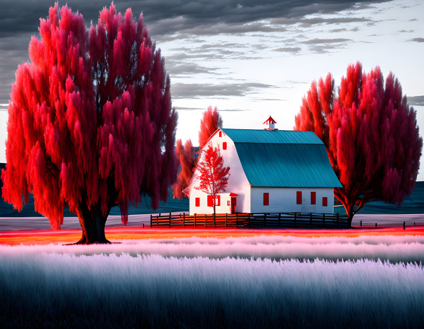 Vibrant red trees and white barn in surreal landscape at sunrise or sunset