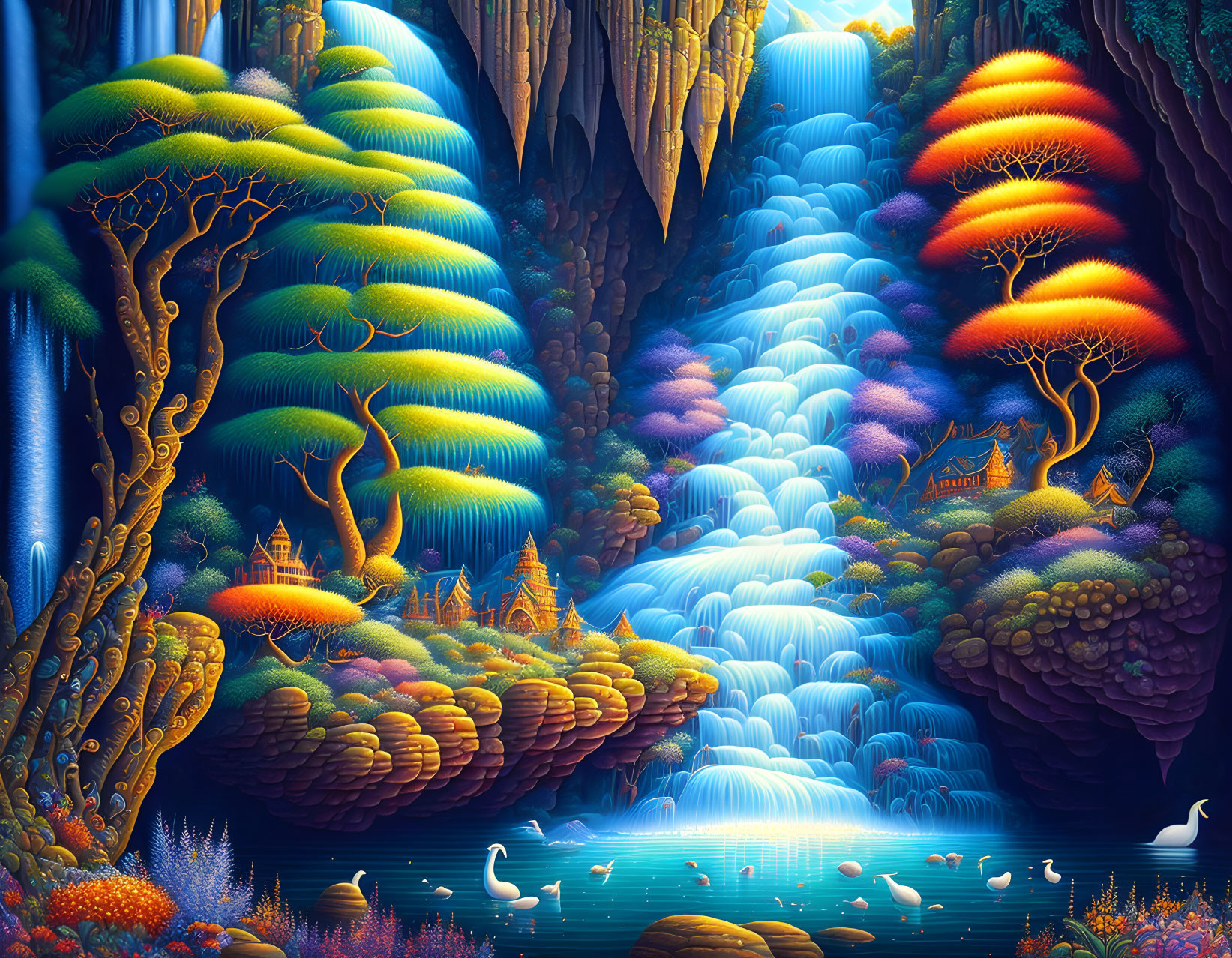 Fantastical landscape with waterfalls, flora, trees, swans, and starry sky