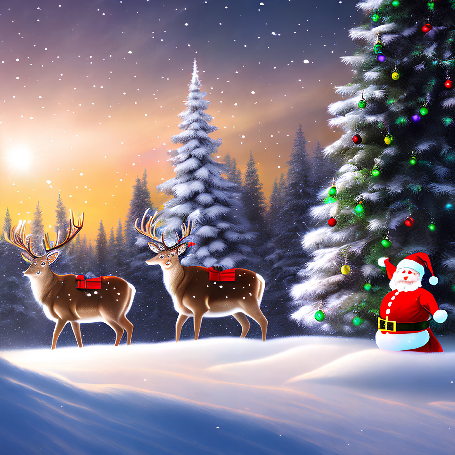 Reindeer, Christmas tree, and Santa in snowy twilight scene