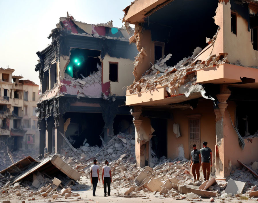 Urban Area: Partially Collapsed Building Surrounded by Rubble