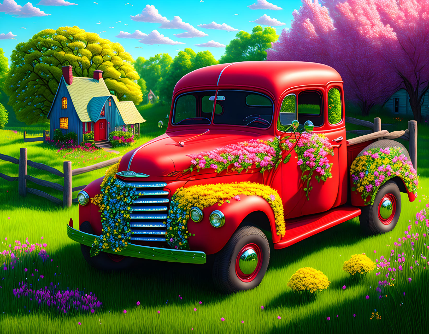 Vintage red truck with flowers in rural landscape