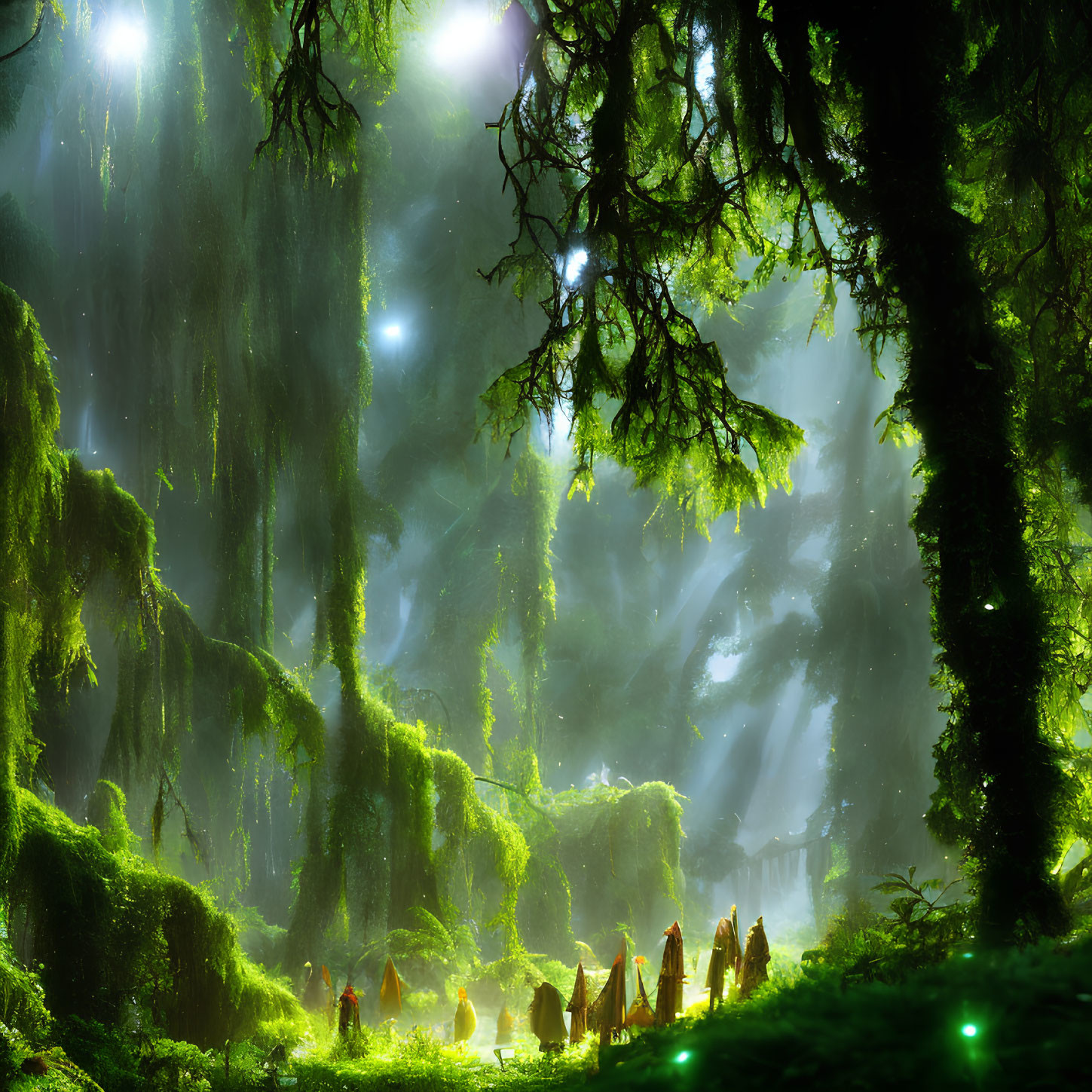 Lush Enchanted Forest with Moss, Trees, Lights, Figures, and Sunbeams