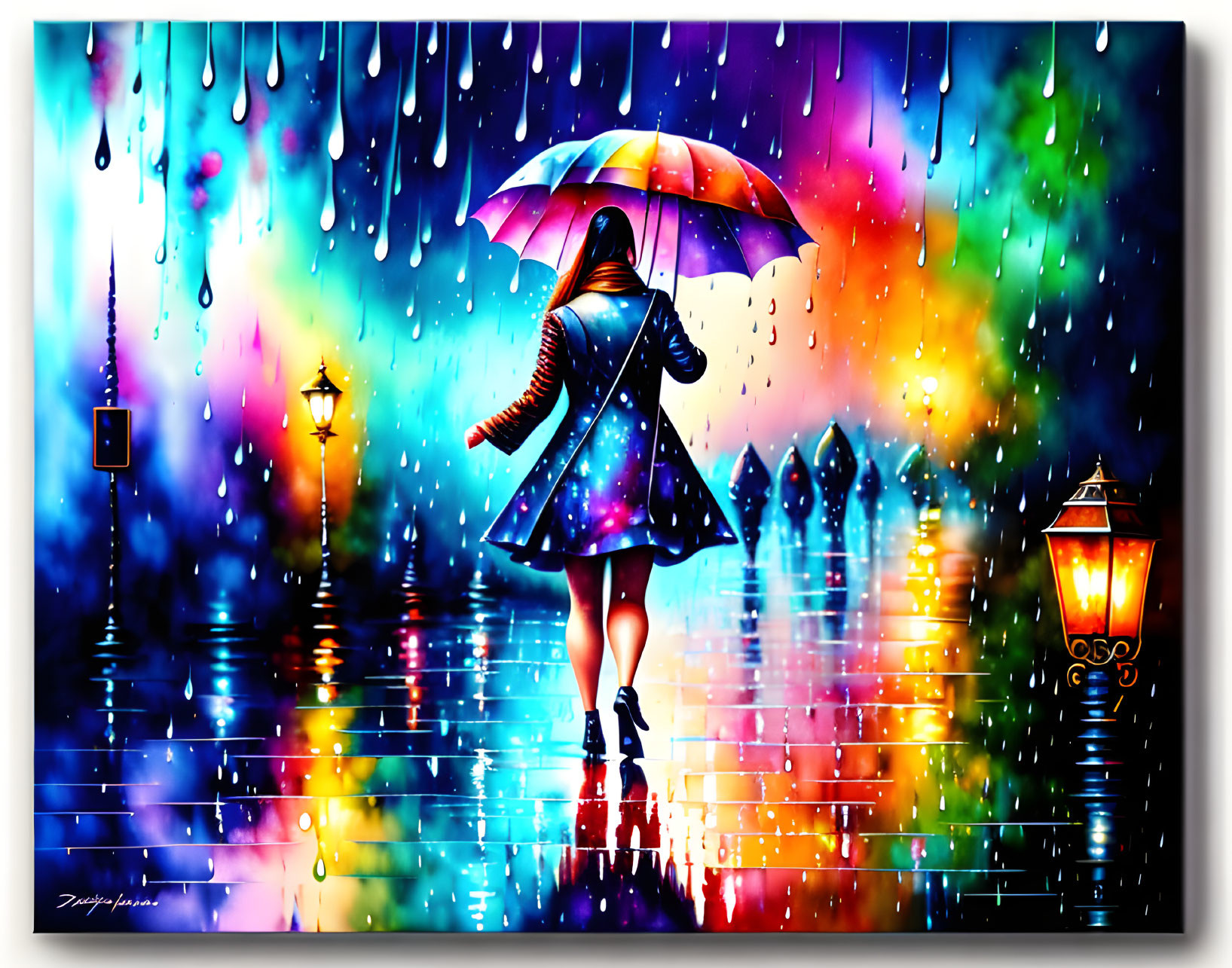 Colorful painting of person with umbrella in rain and reflections.