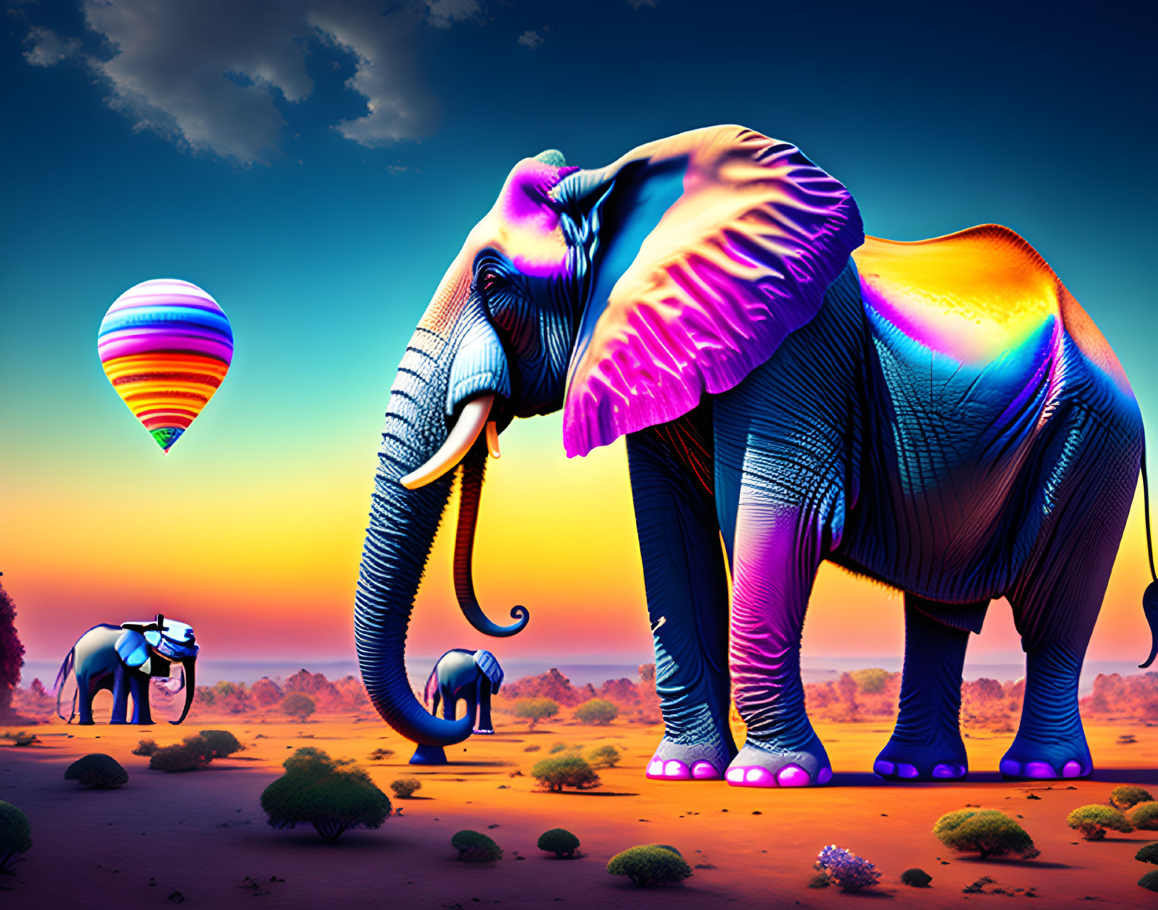 Colorful neon-lit elephants in surreal desert with hot air balloons