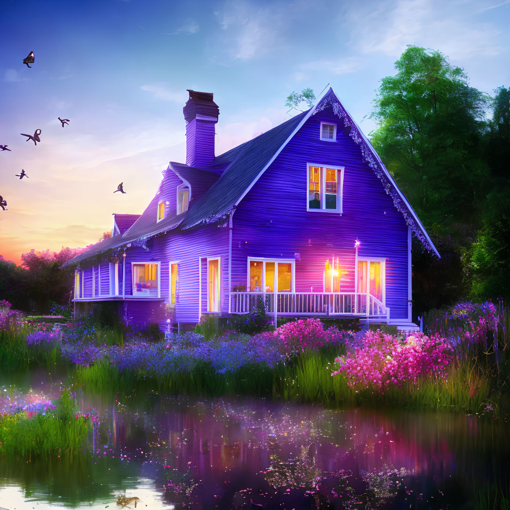 Purple house with glowing windows in vibrant garden by pond at dusk