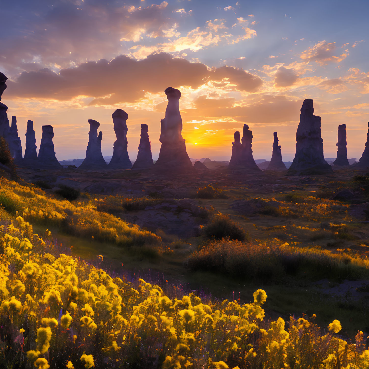 Sunset over desert with rock formations and yellow wildflowers