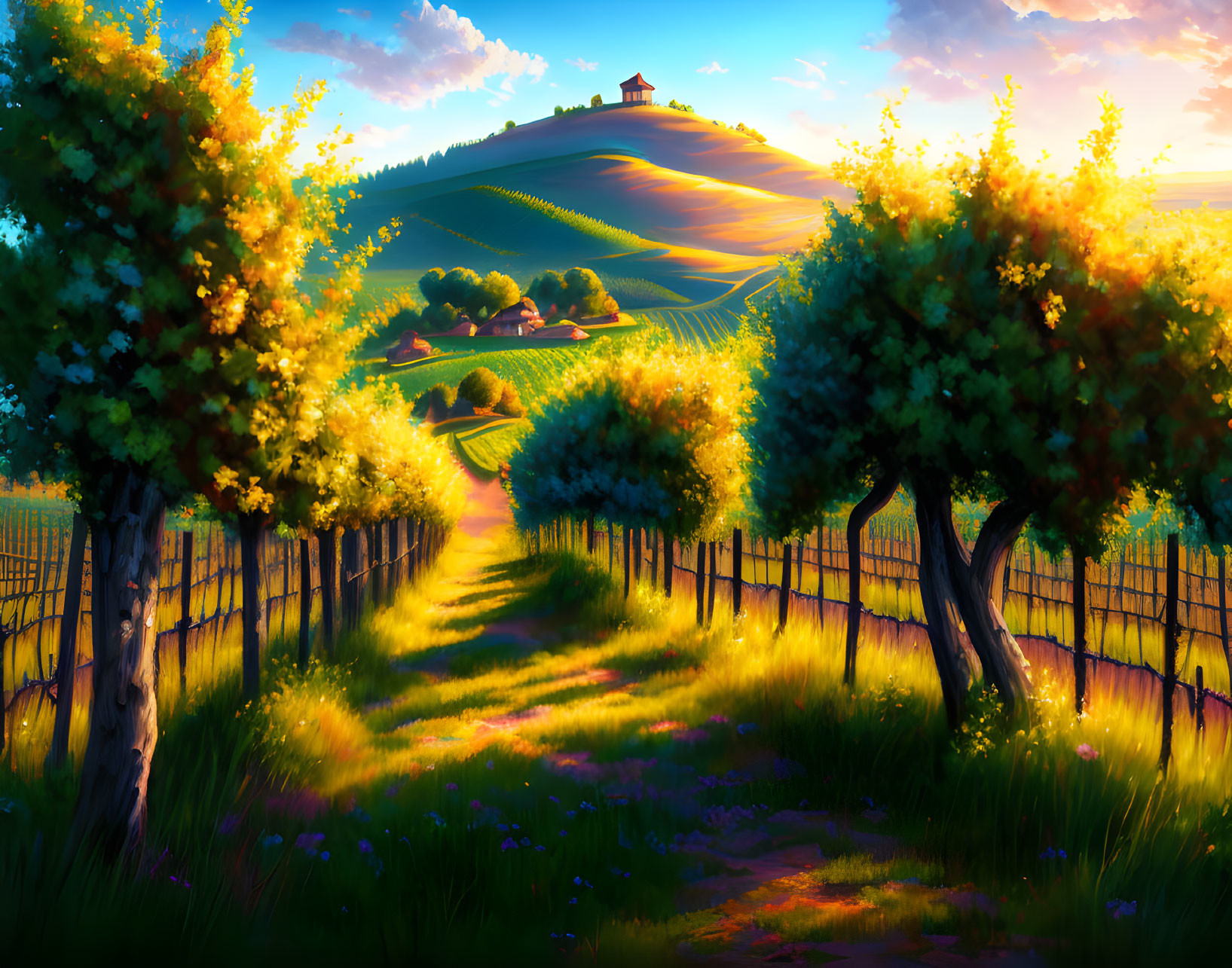 Scenic landscape with lush trees, rolling hills, and house at sunset