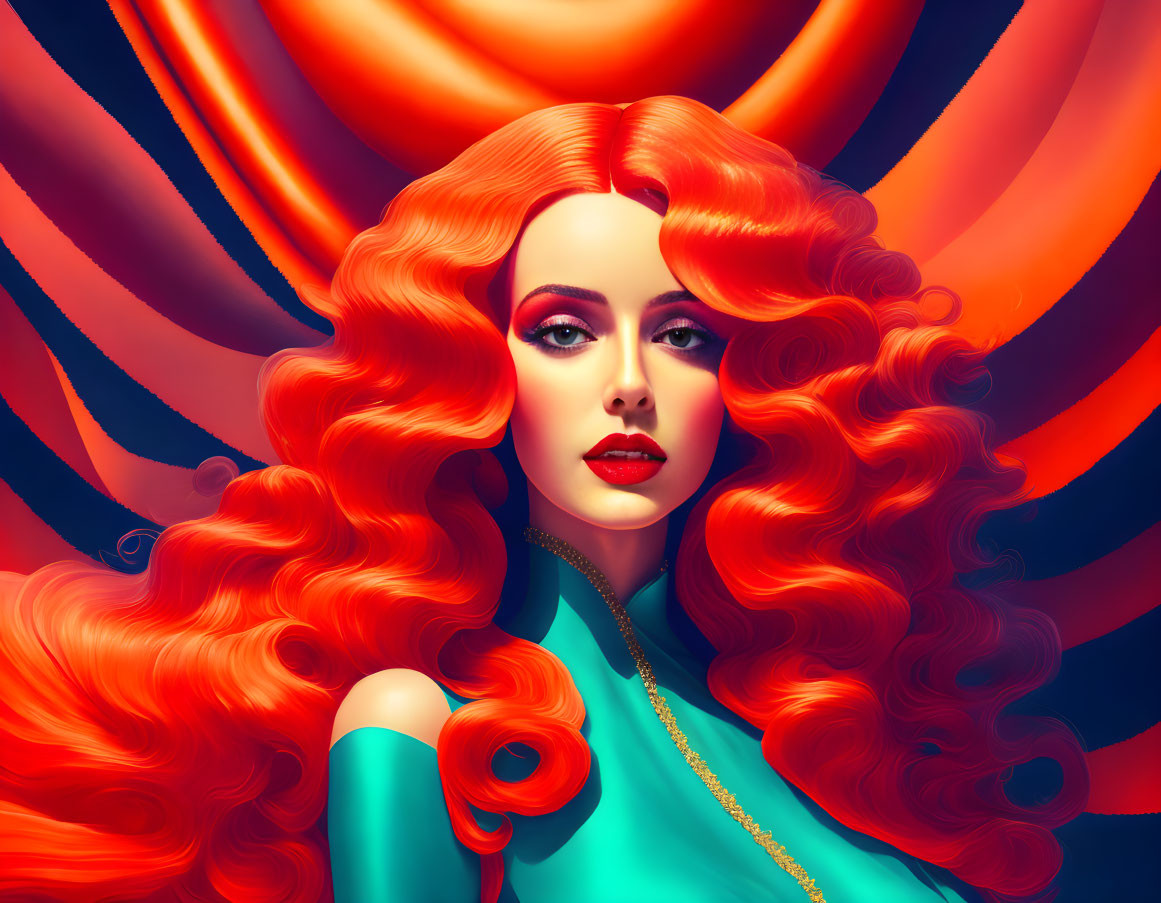 Vibrant illustration of woman with red hair, blue eyes, teal attire on orange swirl background