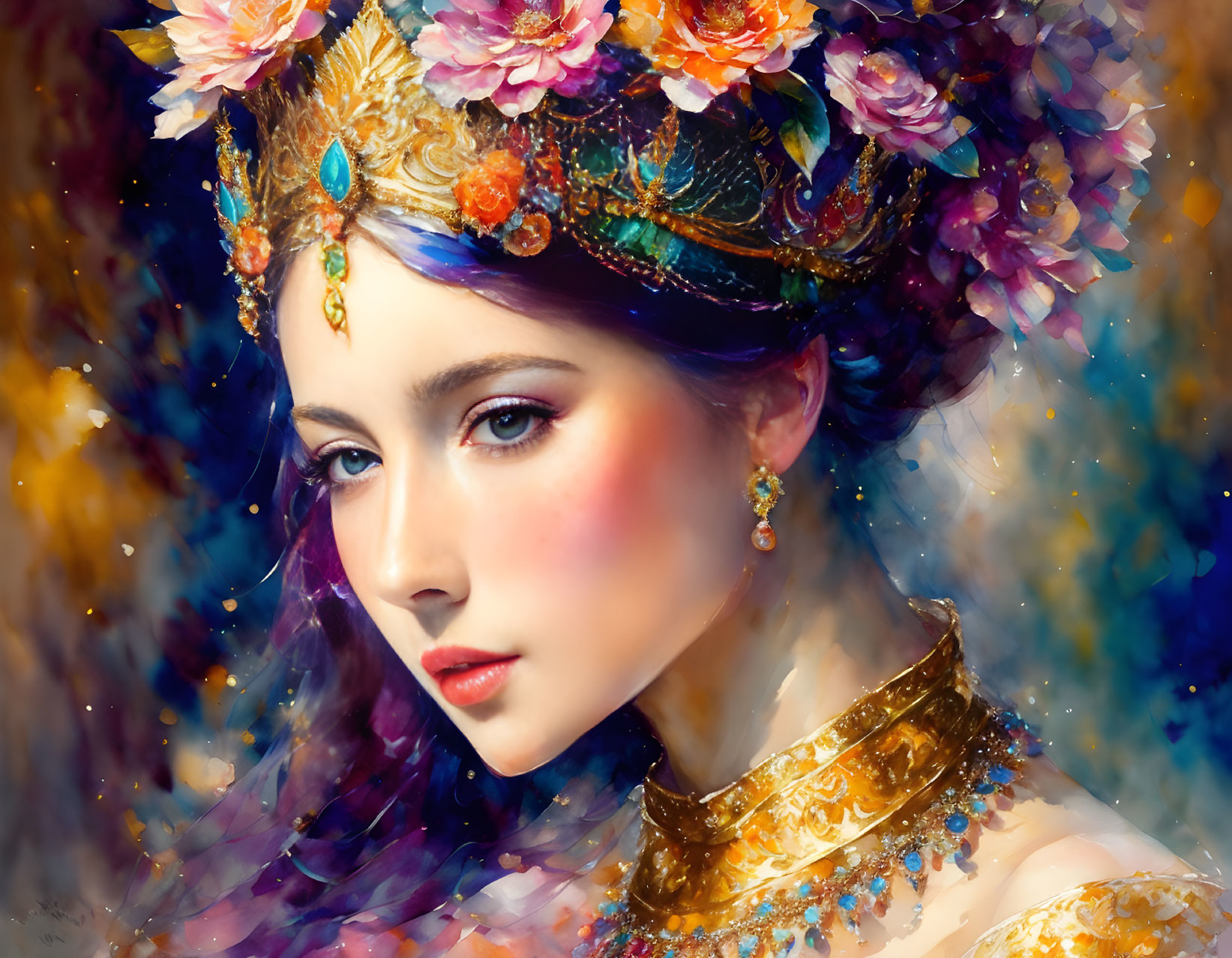 Ethereal digital painting of woman with floral crown and jewelry