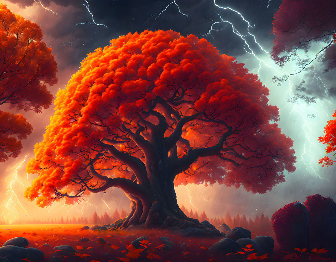 Vibrant orange tree in red landscape with lightning strike