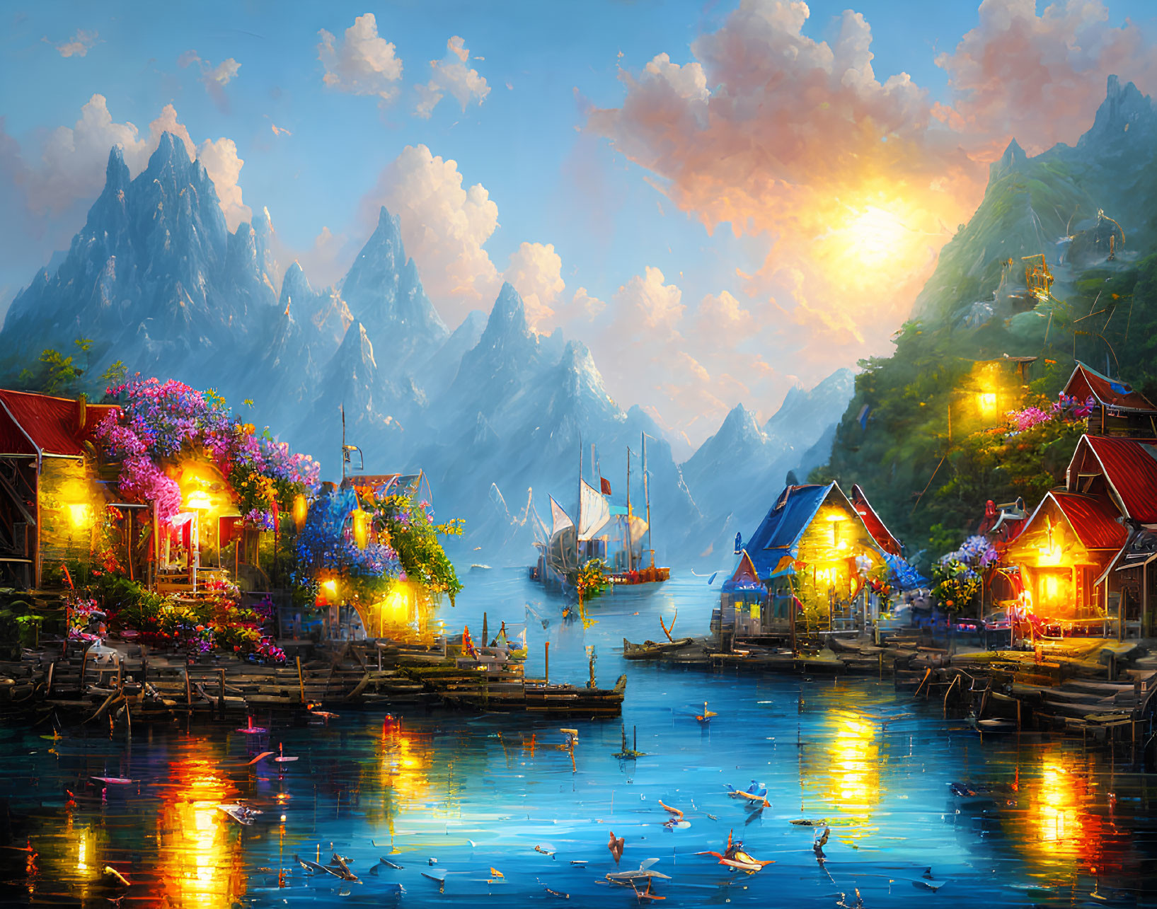 Picturesque Port Village with Illuminated Houses, Traditional Sailboats, Swans at Sunset