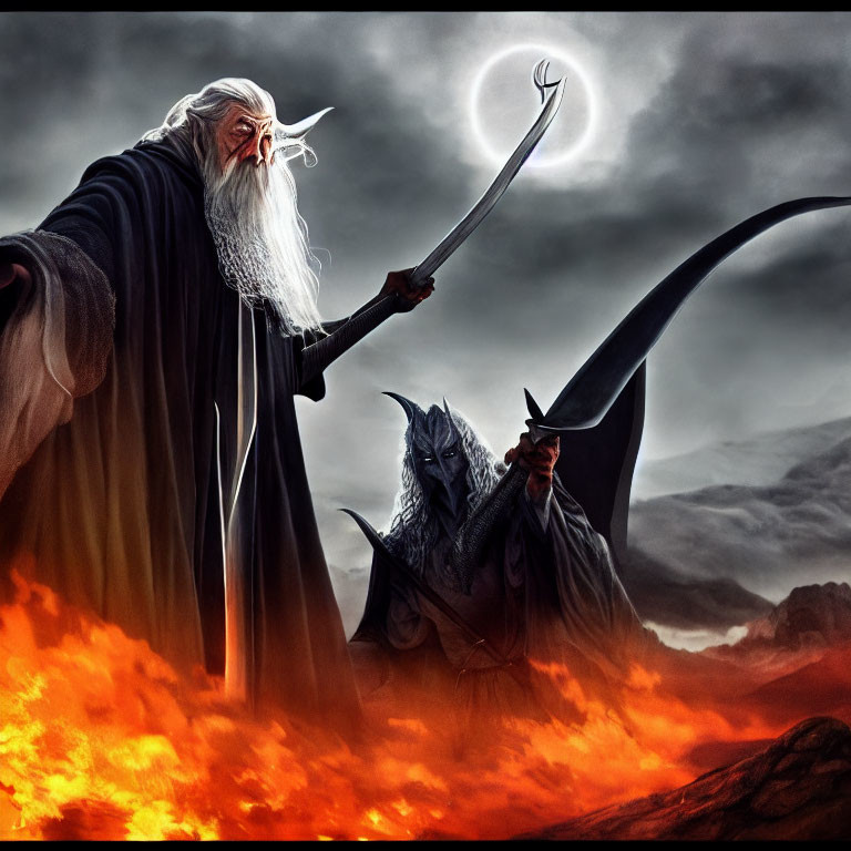 White-bearded wizard confronts hooded figure in fiery landscape