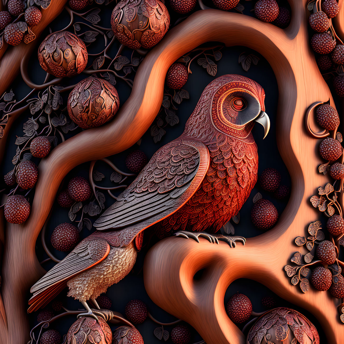 Detailed stylized owl illustration on swirling branches with textured leaves in deep reds and browns