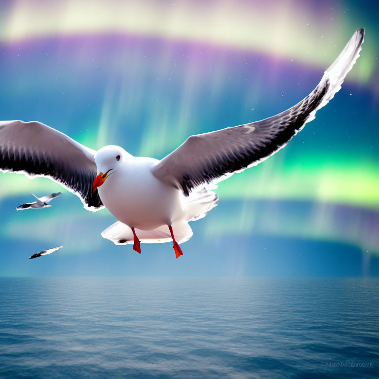 Seagull flying with outstretched wings over colorful northern lights sky