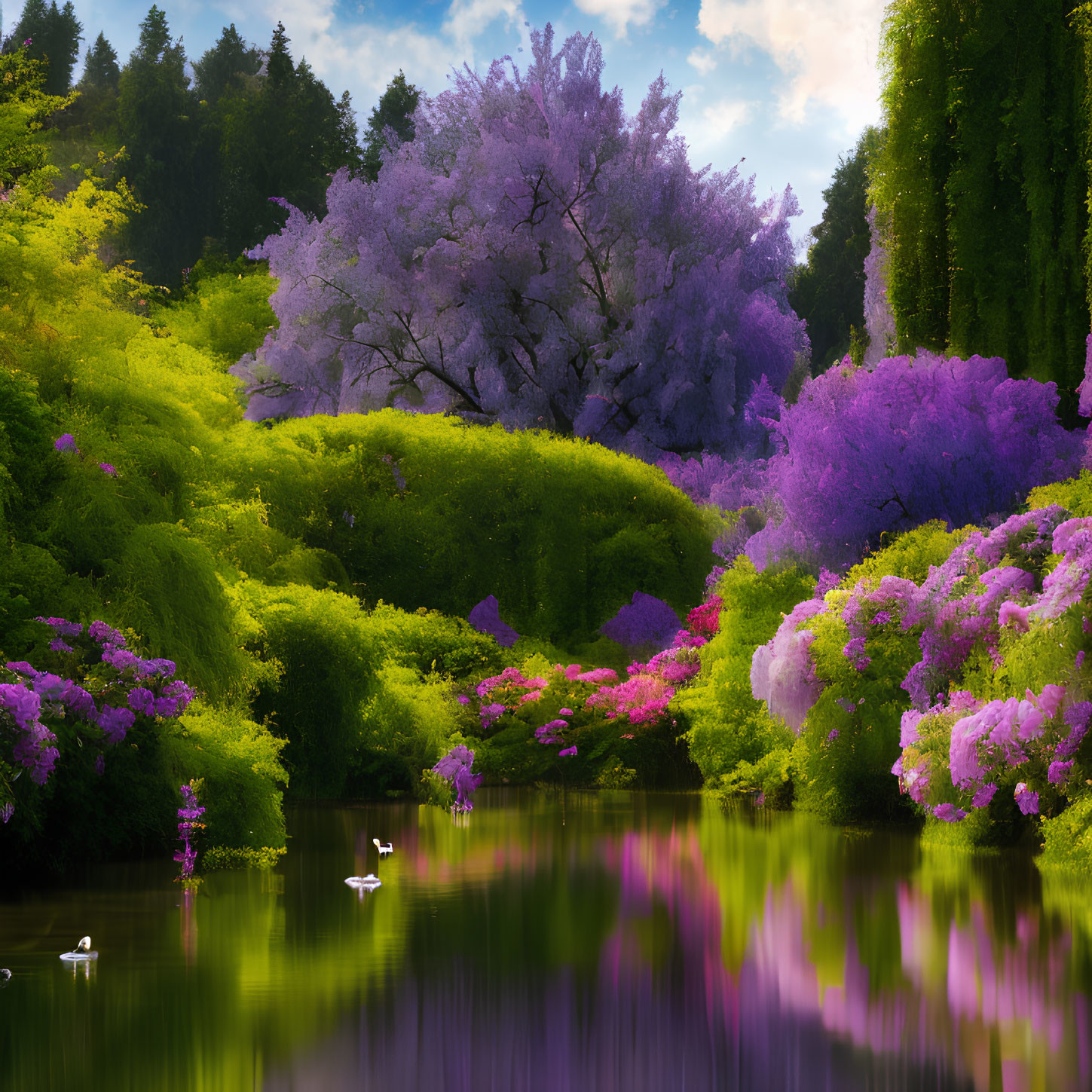 Tranquil pond reflects lush landscape with blooming purple trees under clear sky