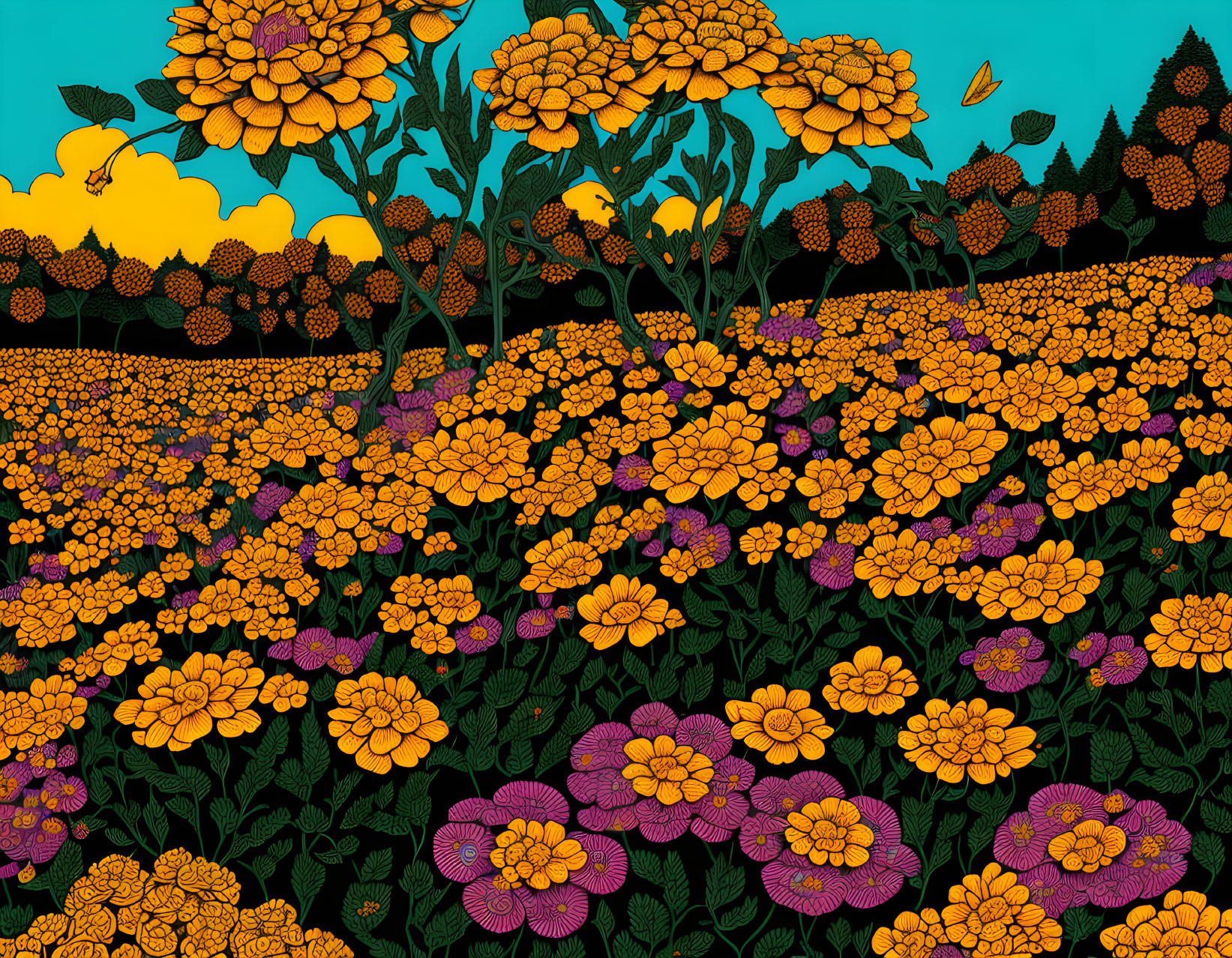 Colorful Field of Golden and Purple Flowers Under Teal Sky