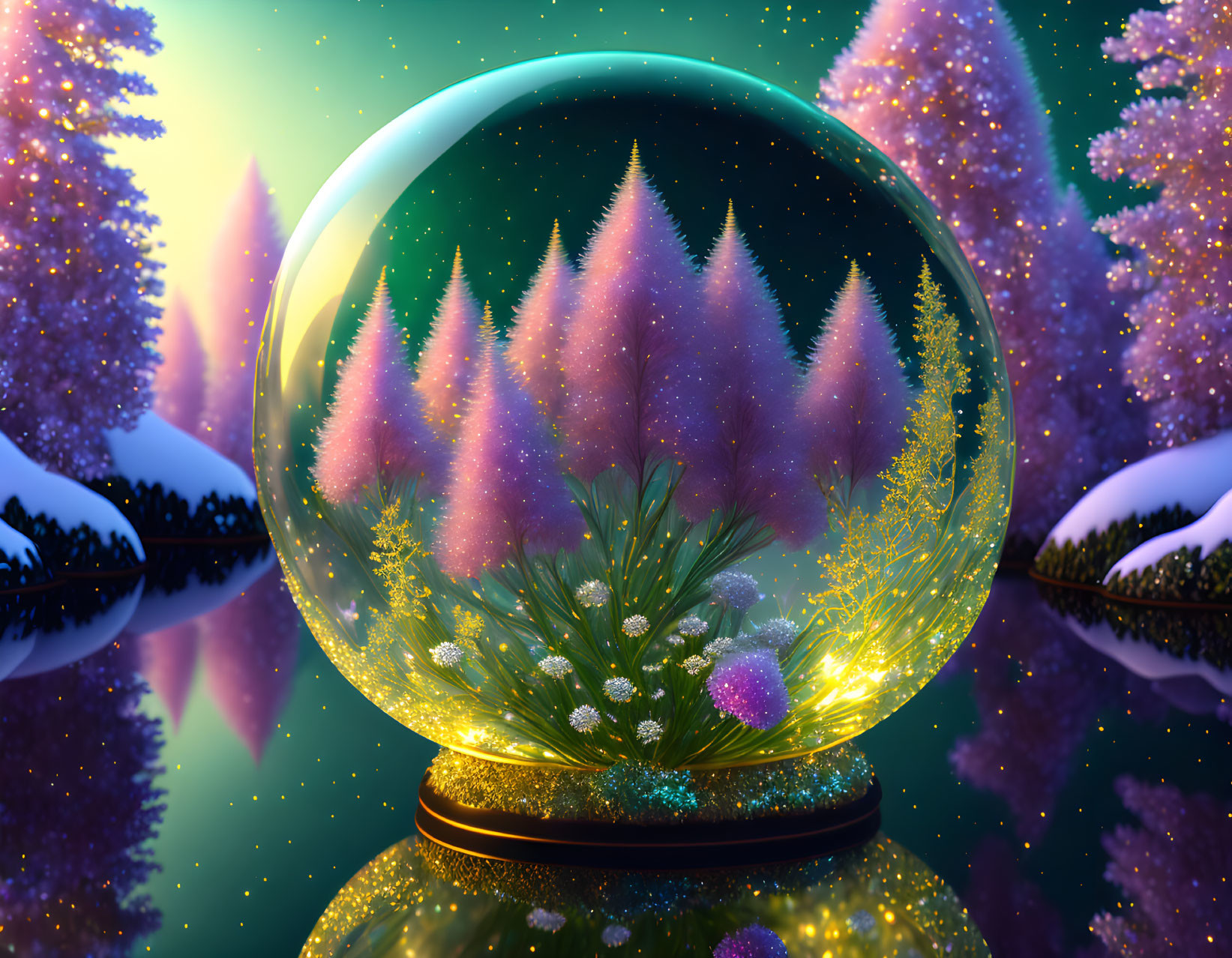 Snow globe with pink trees and starry sky in magical winter landscape