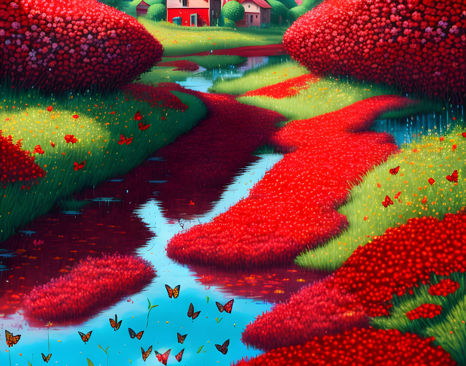 Scenic landscape with winding river, red flowers, butterflies, and green trees