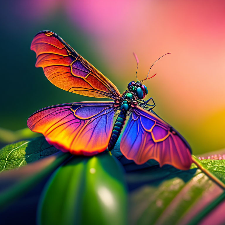 Colorful Butterfly Resting on Green Leaf Against Pink and Yellow Background