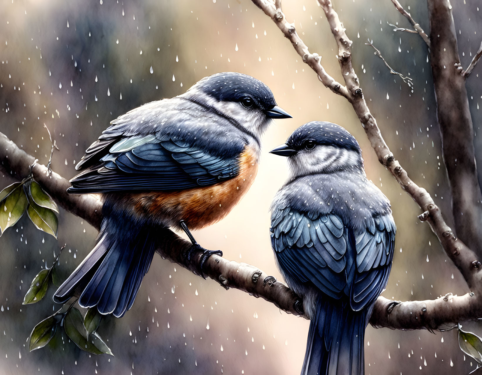 Colorful Birds on Branch in Snowfall with Brown and Green Foliage