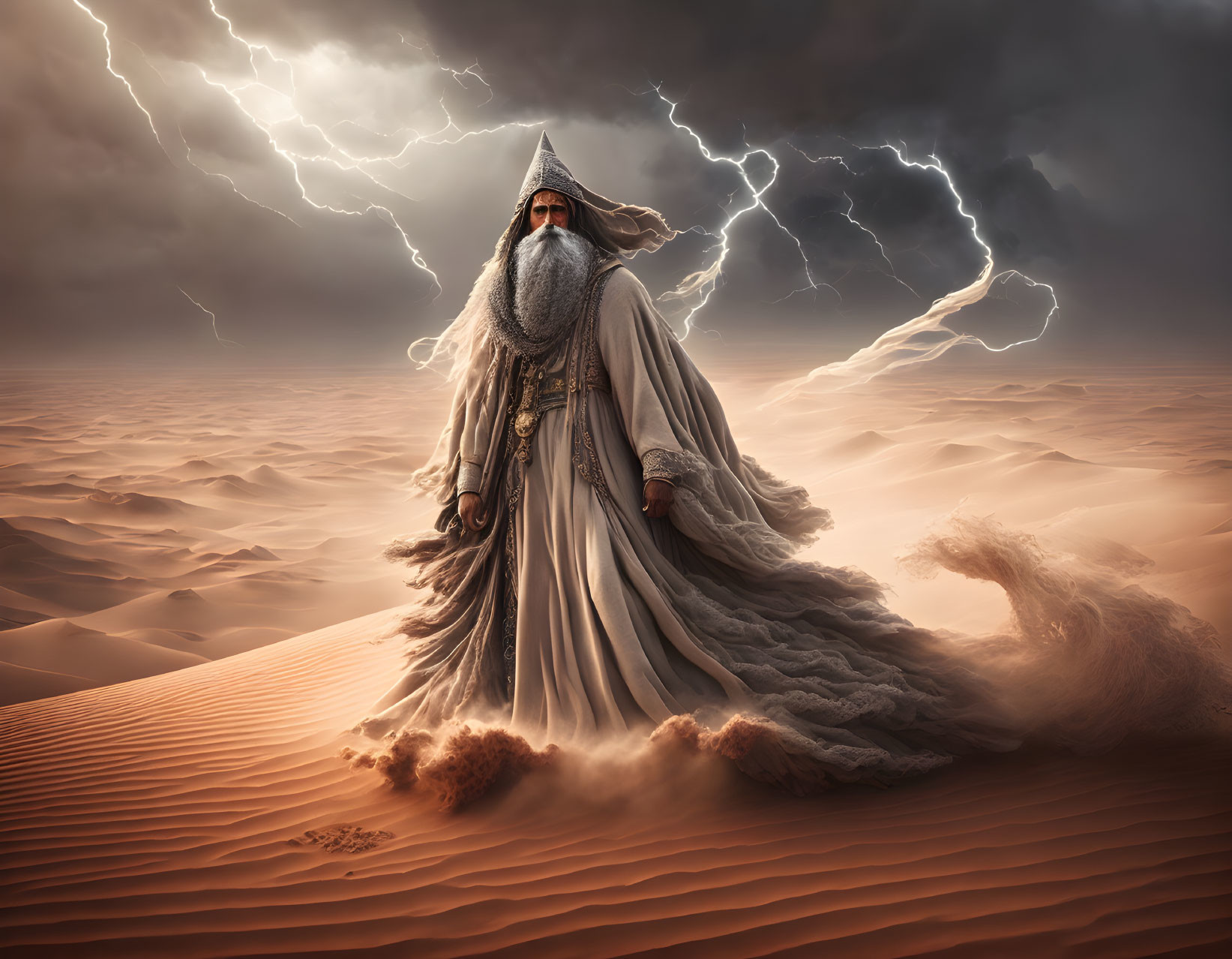 Robed figure in desert with billowing cloak and staff under dramatic sky