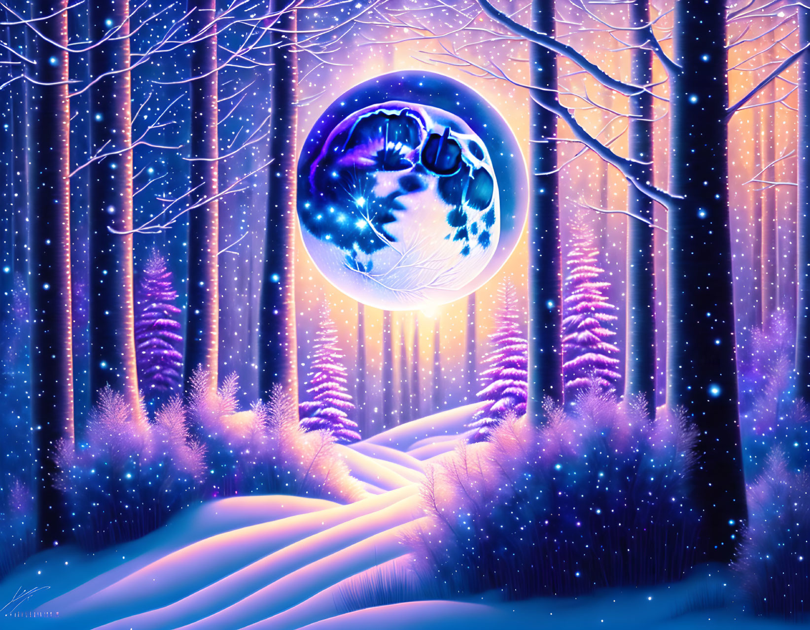 Vibrant purple and blue winter forest scene with detailed moon