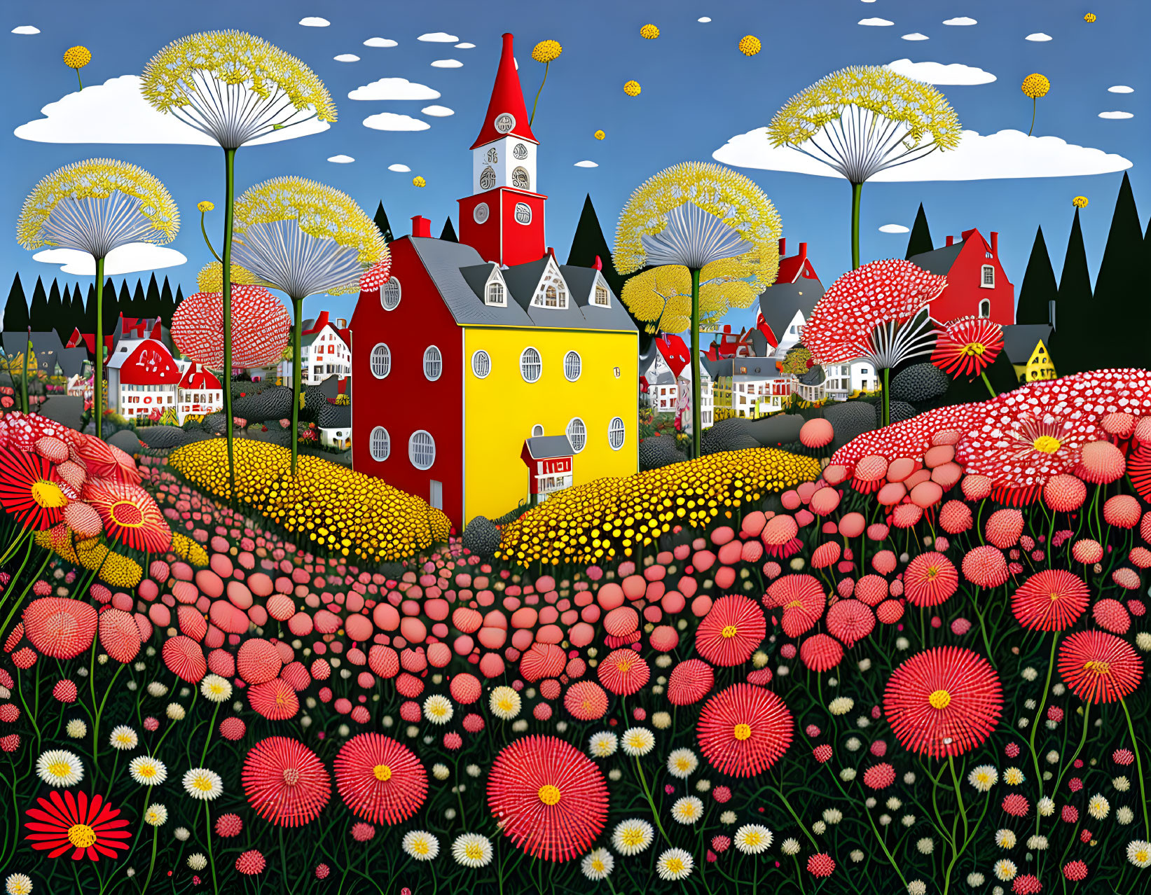 Colorful Village Scene with Yellow Church and Whimsical Flora