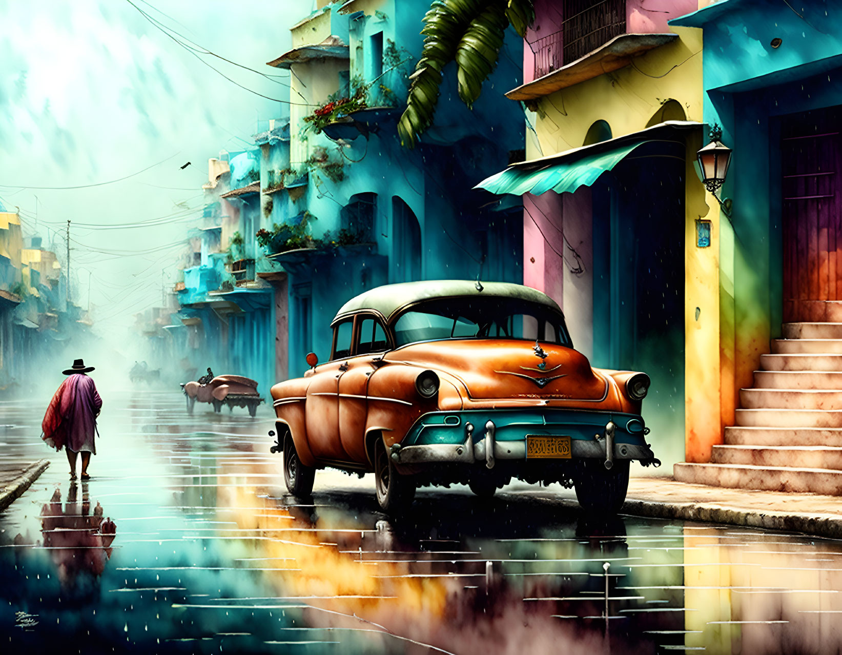 Vintage car parked on colorful rain-soaked street with person walking, vibrant buildings, and moody sky