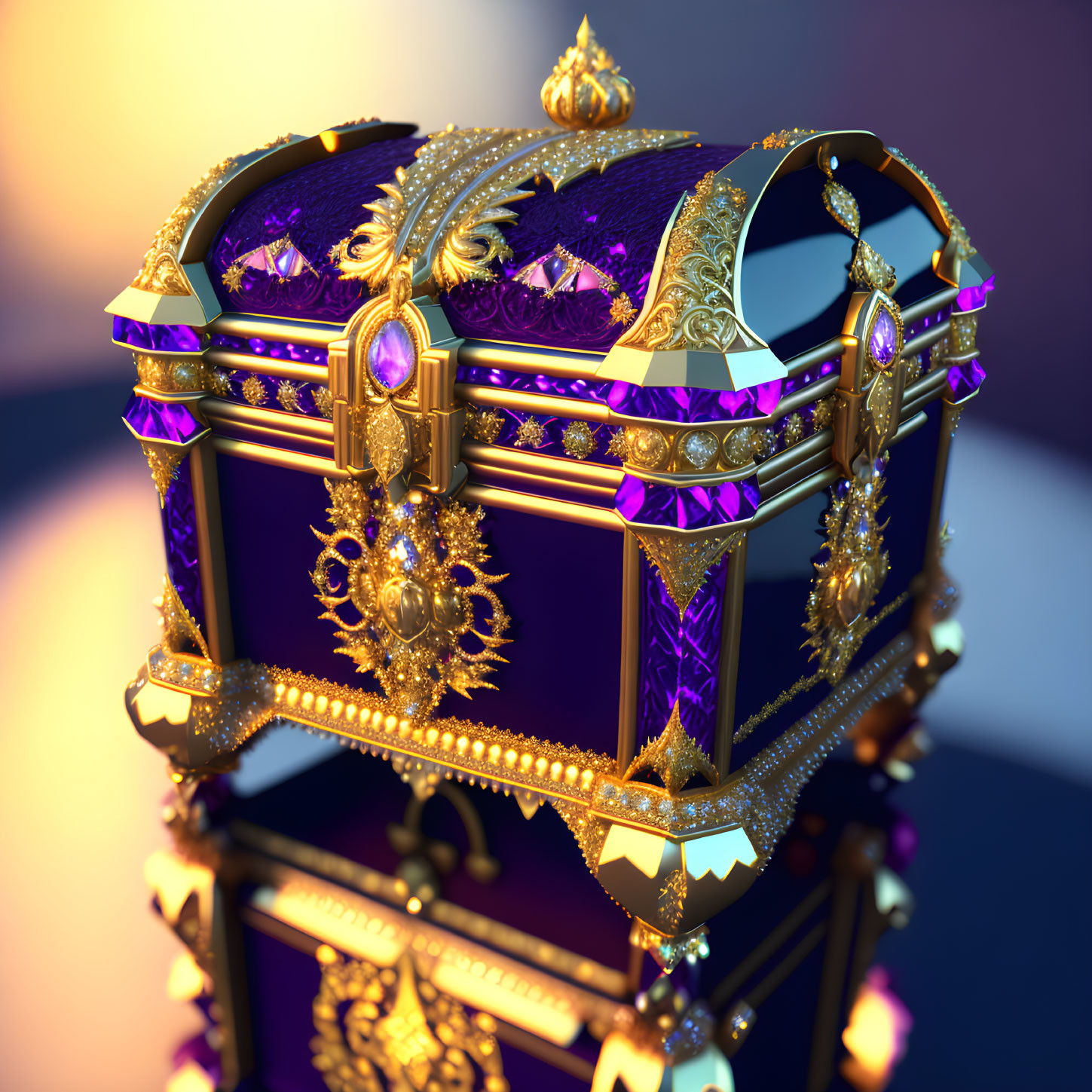 Intricate golden treasure chest with purple jewels and warm glow