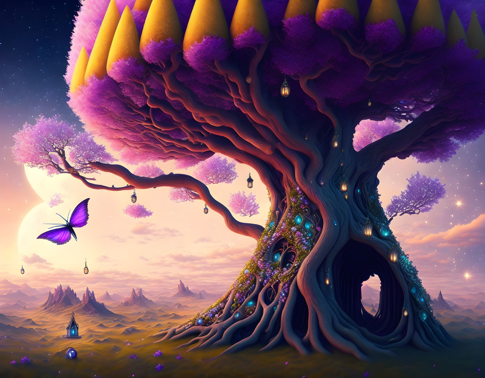 Whimsical landscape with purple tree, lanterns, butterfly, and floating islands