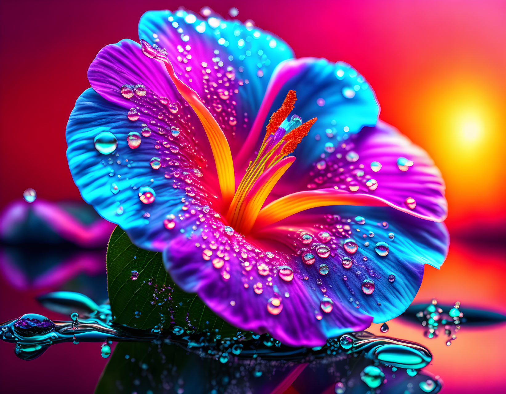 Vibrant Blue and Purple Flower with Water Droplets on Petals