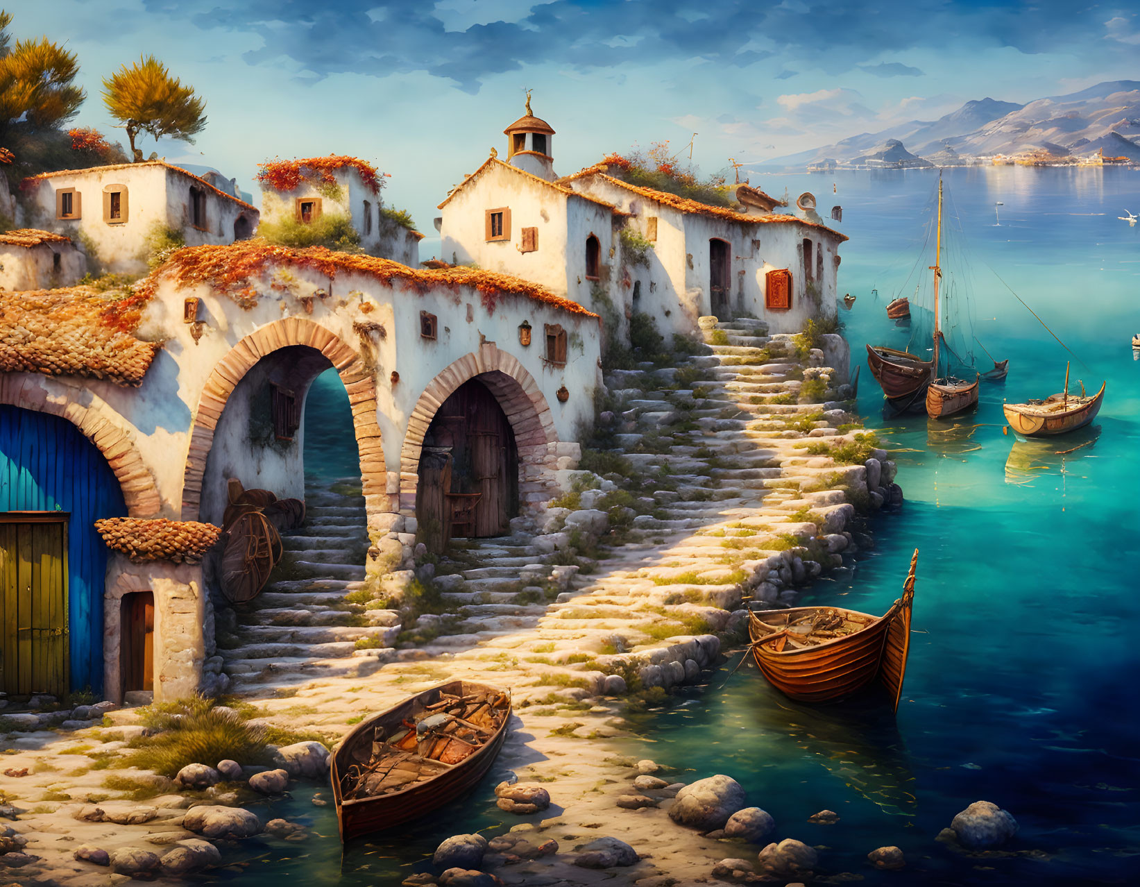 Scenic coastal village: stone buildings, colorful doors, moored boats, mountains, warm sky