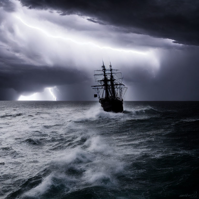 Tall ship sailing turbulent seas under stormy sky